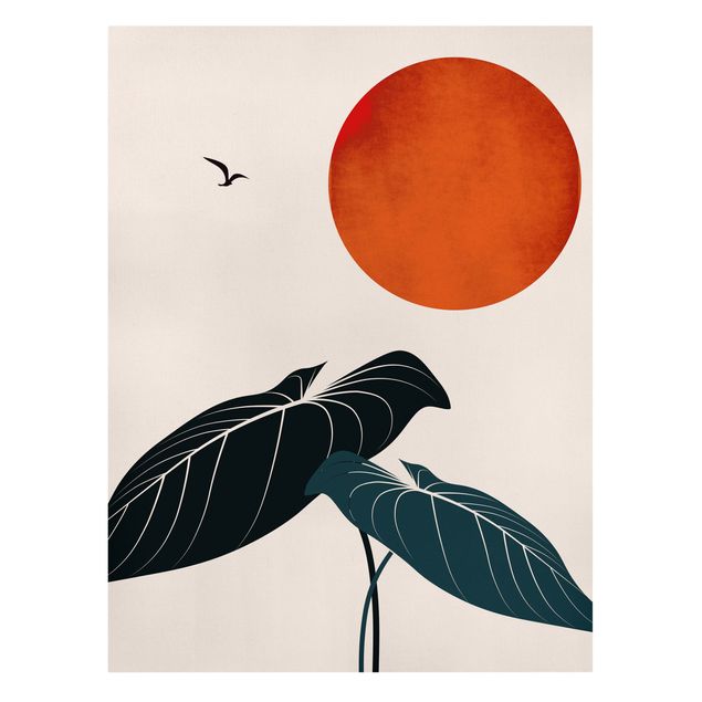 Obrazy na płótnie ptaki Nocny sen - roślina i czerwone słońce