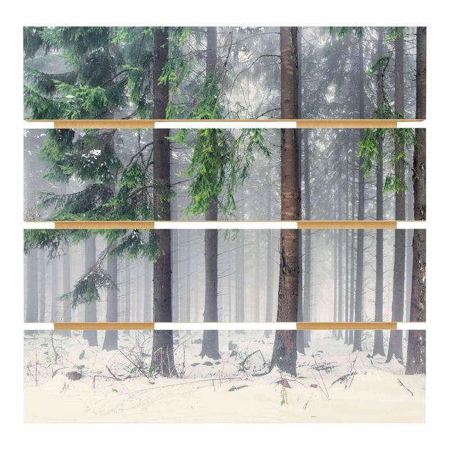 Obraz z drewna - Drzewa iglaste zimą