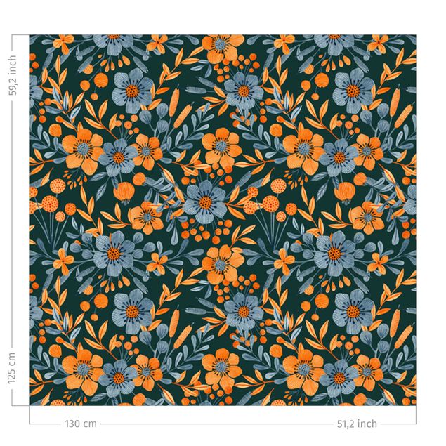 zasłony we wzory Pomarańczowo-niebieskie kwiaty na ciemnym tealu