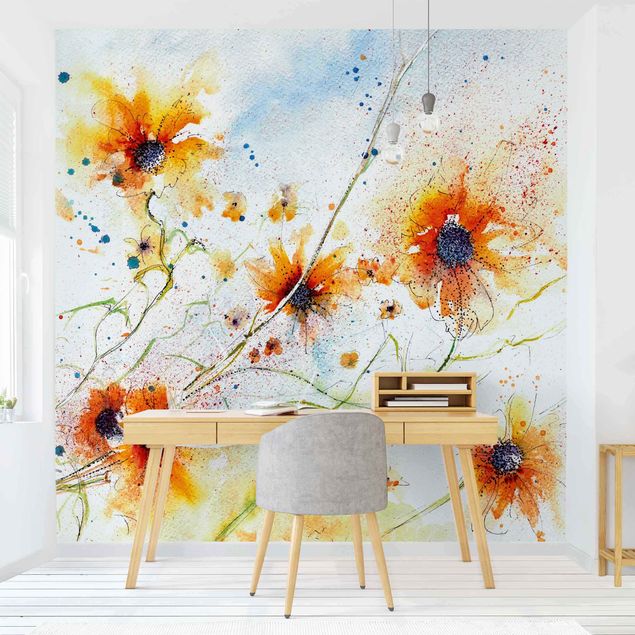 Pomarańczowa tapeta Painted Flowers
