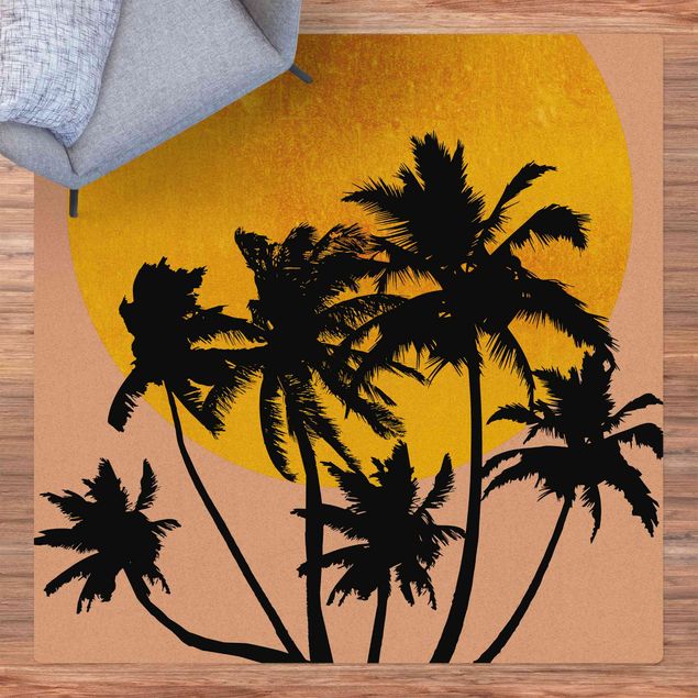 dywan nowoczesny Palmy na tle złotego słońca