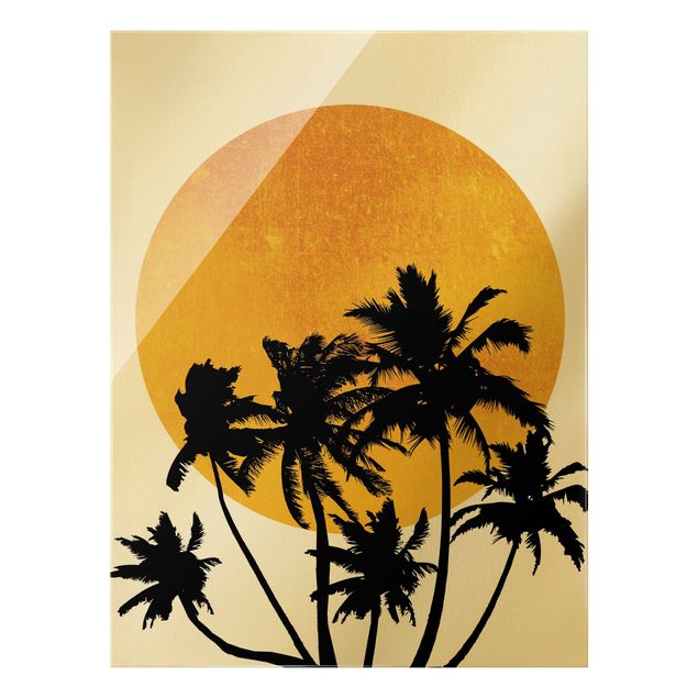 Obrazy do salonu nowoczesne Palmy na tle złotego słońca