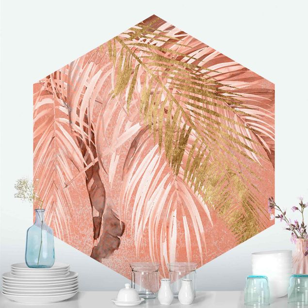 Różowa tapeta Liście palmy różowe i złote II