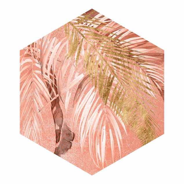 Sześciokątna tapeta samoprzylepna - Liście palmy różowe i złote II