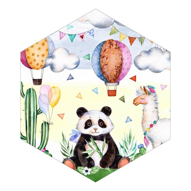 Sześciokątna tapeta samoprzylepna - Panda i lama Akwarela