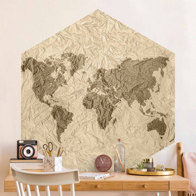 Zielona tapeta Papierowa mapa świata beżowo-brązowa