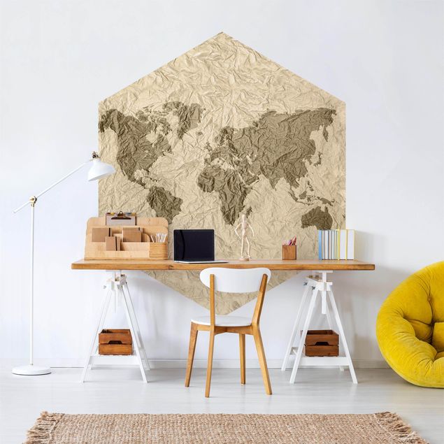 Tapeta mapa świata Papierowa mapa świata beżowo-brązowa