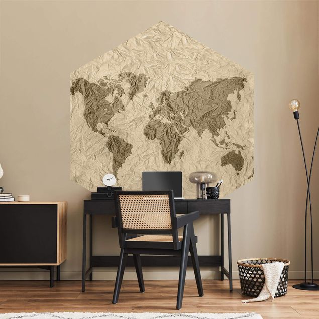Tapety na ściany Papierowa mapa świata beżowo-brązowa