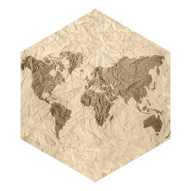 Sześciokątna tapeta samoprzylepna - Papierowa mapa świata beżowo-brązowa