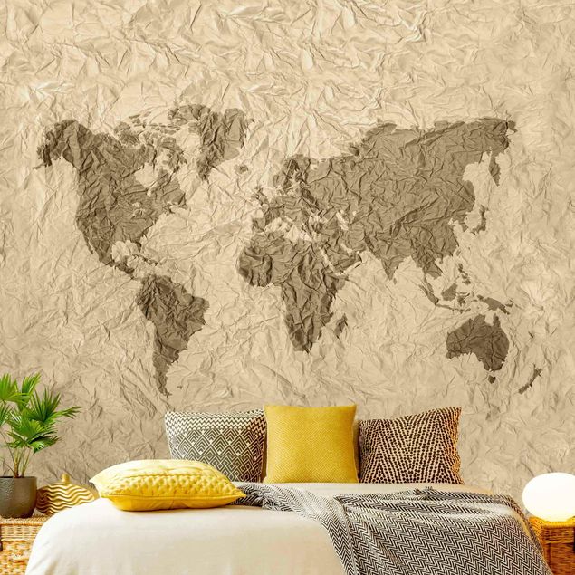 Tapeta beżowa Papierowa mapa świata beżowo-brązowa