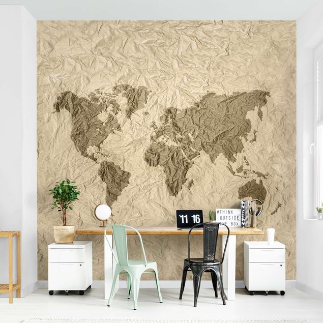 Tapety Papierowa mapa świata beżowo-brązowa