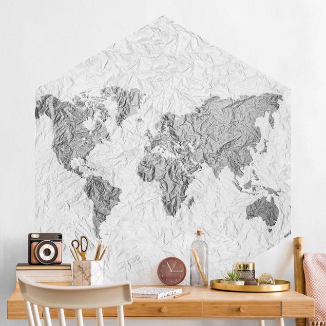 Beżowa tapeta Papierowa mapa świata biała szara