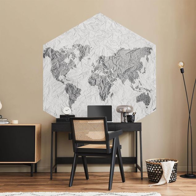 Tapety na ściany Papierowa mapa świata biała szara