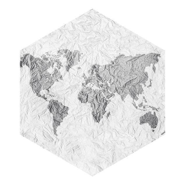 Sześciokątna tapeta samoprzylepna - Papierowa mapa świata biała szara