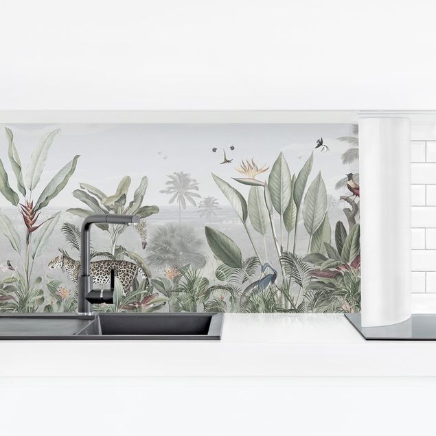 Panel szklany do kuchni Rajskie ptaki w panoramie dżungli