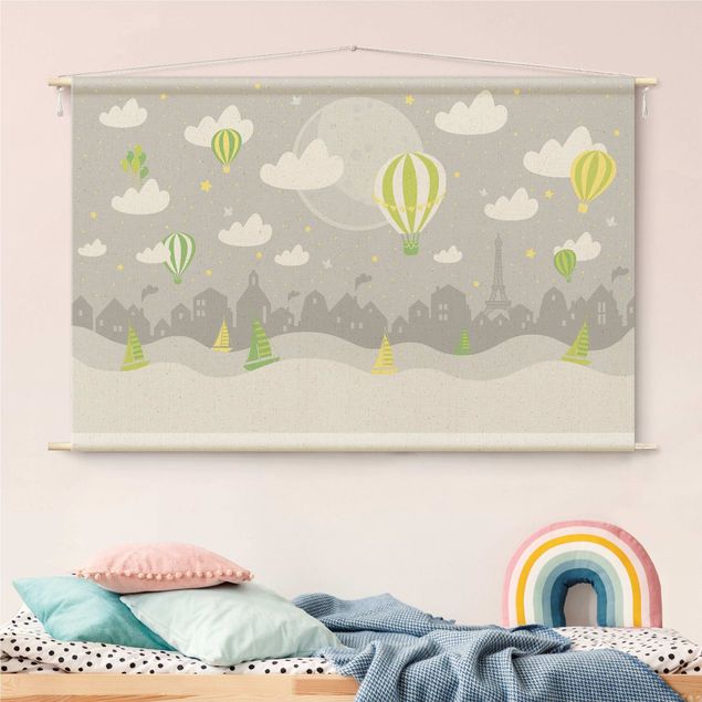 Obrazy nowoczesny Paris With Stars And Hot Air Balloon In Grey