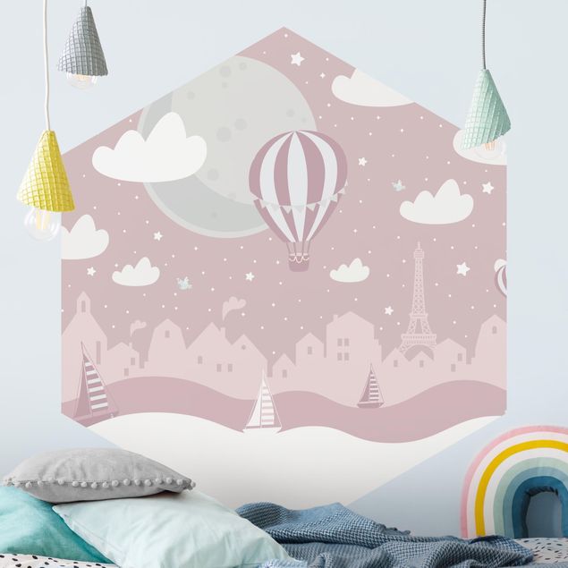 Pokój niemowlęcy Paryż z gwiazdami i różowym balonem na ogrzane powietrze
