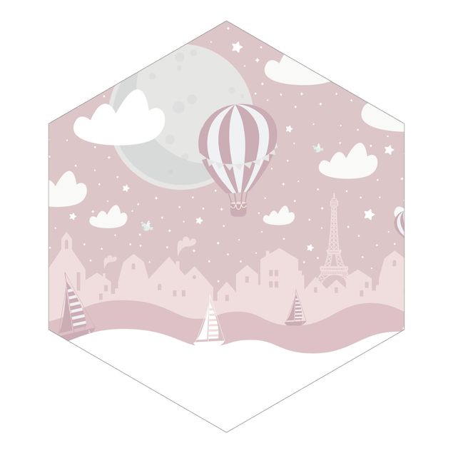 Tapety na ściany Paryż z gwiazdami i różowym balonem na ogrzane powietrze