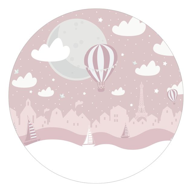 Tapeta różowa Paryż z gwiazdami i różowym balonem na ogrzane powietrze