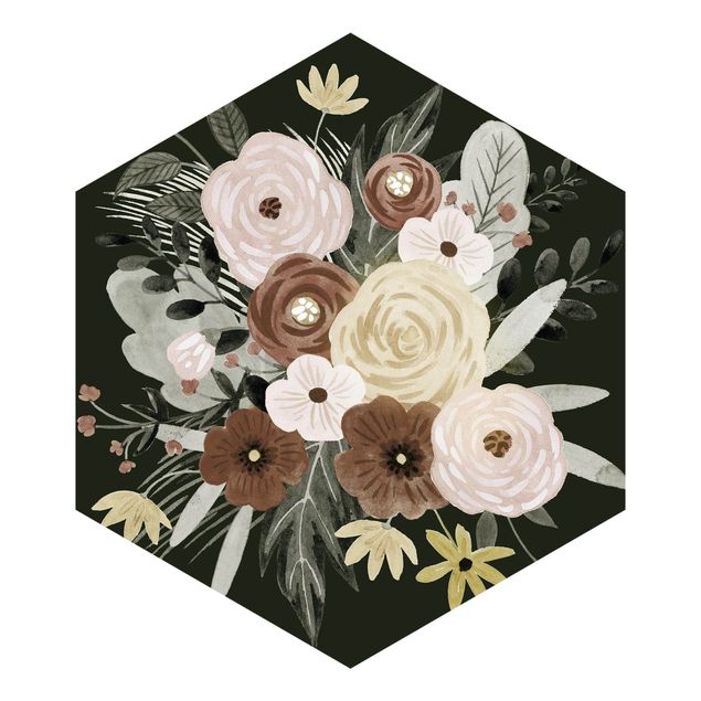 Sześciokątna tapeta samoprzylepna - Pastelowy bukiet kwiatów na tle zieleni II