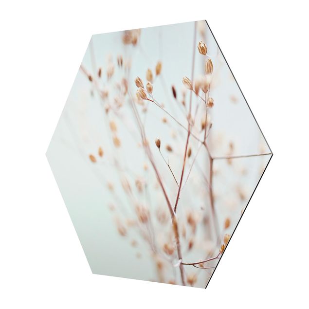 Sześciokątny obraz Pąki pastelowe na gałązce polnych kwiatów