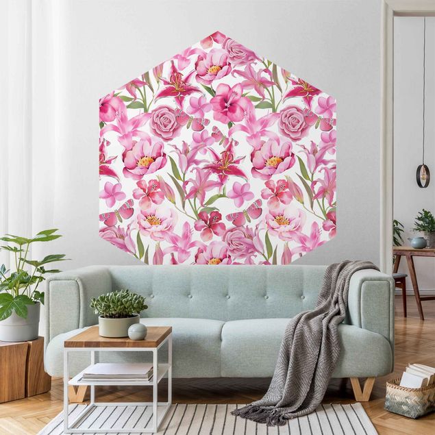 Andrea Haase obrazy  Różowe kwiaty z motylami