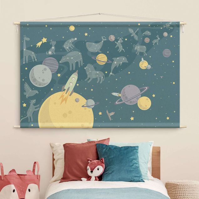 mandala gobelin Planets With Zodiac And Rockets