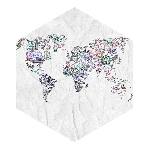 Sześciokątna tapeta samoprzylepna - Mapa świata z pieczątką paszportową