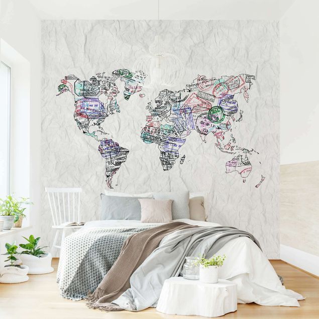Biała tapeta Mapa świata z pieczątką paszportową