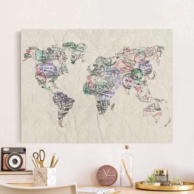 Obrazy do salonu nowoczesne Mapa świata z pieczątką paszportową