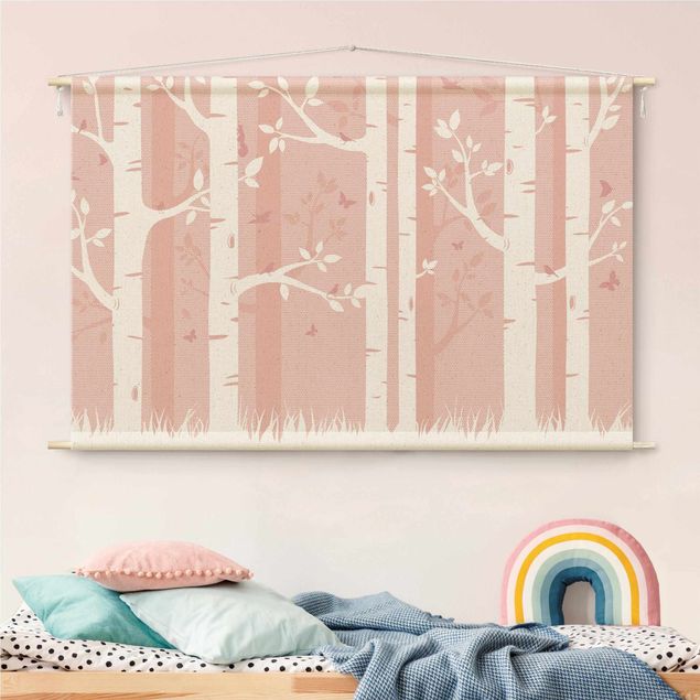 Obrazy nowoczesne Pink Birch Forest With Butterflies And Birds