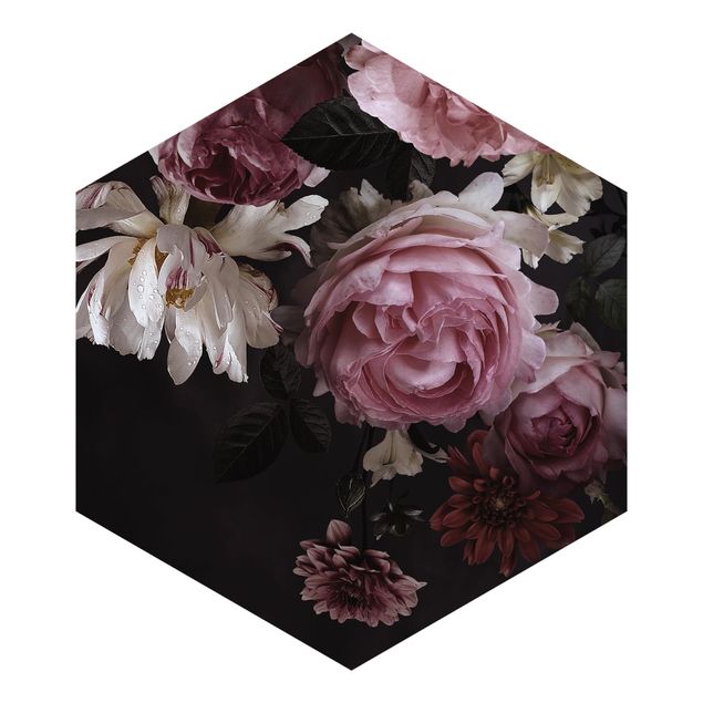 Sześciokątna tapeta samoprzylepna - Różowe kwiaty na czarnym tle Vintage
