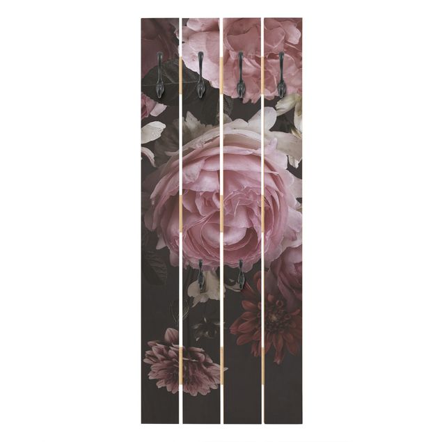 Wieszak ścienny - Różowe kwiaty na czarnym tle Vintage