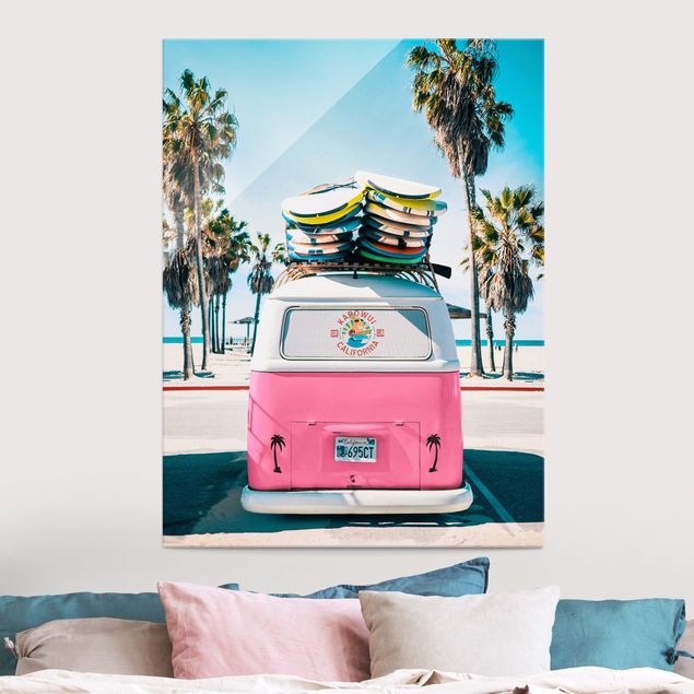 Obrazy na szkle portret Pink VW Bus With Surfboards