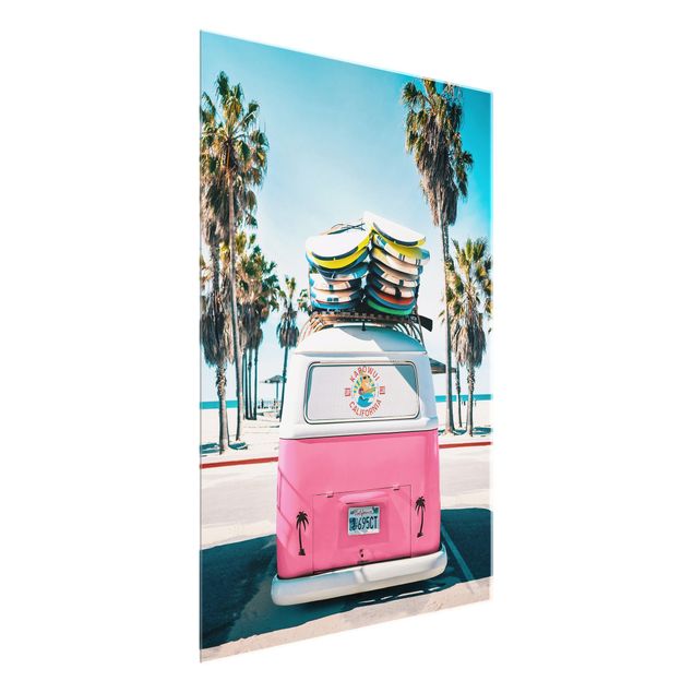 Nowoczesne obrazy do salonu Pink VW Bus With Surfboards