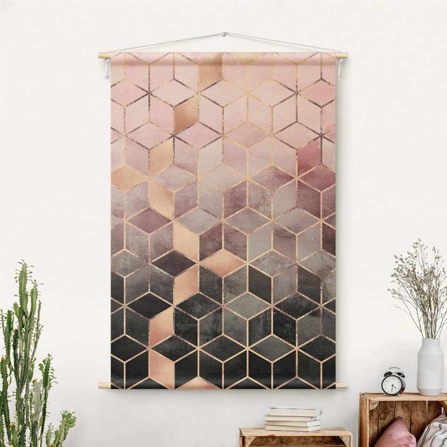 gobelin na ścianę nowoczesne Pink Gray Golden Geometry