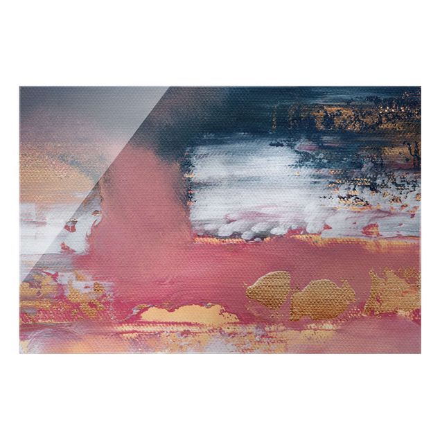 Obrazy do salonu nowoczesne Różowa burza z złotem