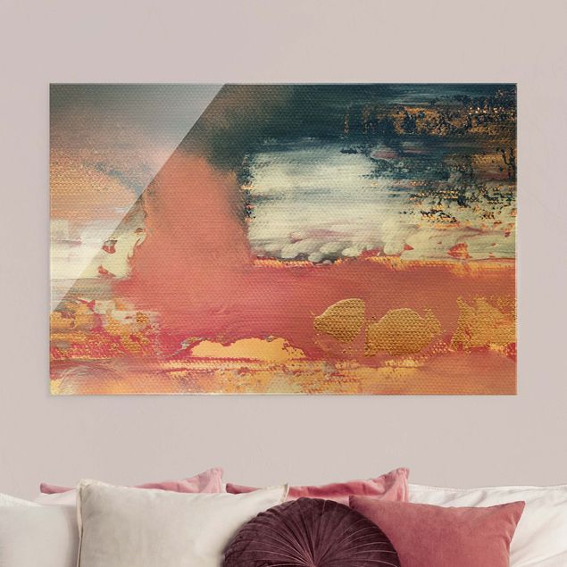Obrazy na szkle poziomy Różowa burza z złotem