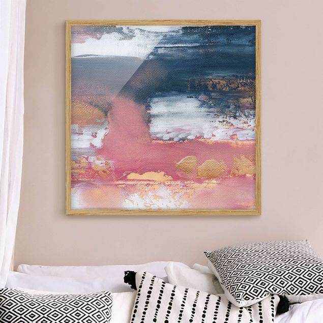 Obrazy w ramie artystyczne Różowa burza z złotem