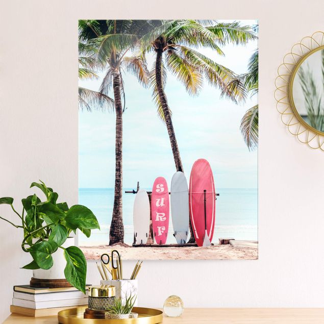 Obrazy na szkle portret Pink Surfboards Under Palm Trees
