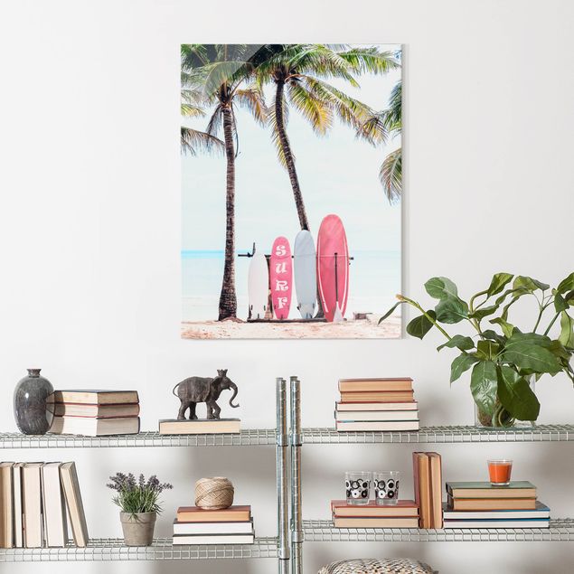 Obrazy na szkle krajobraz Pink Surfboards Under Palm Trees