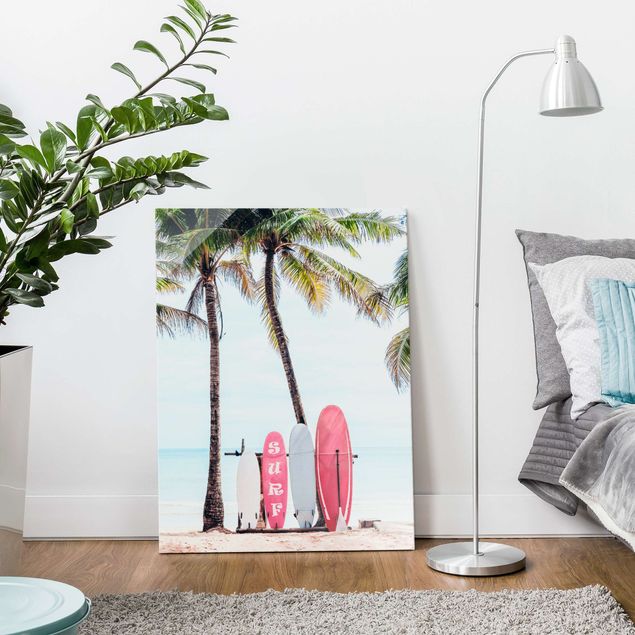Obrazy na szkle plaża Pink Surfboards Under Palm Trees