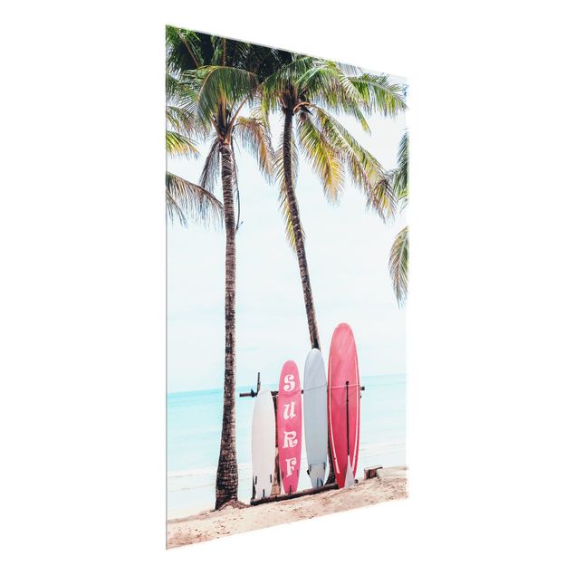Obrazy do salonu nowoczesne Pink Surfboards Under Palm Trees