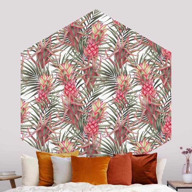 Tapeta różowa Czerwony ananas z liśćmi palmowymi Tropikalny