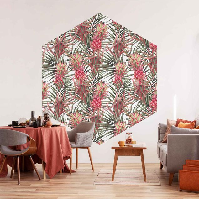 Tapety kwiaty Czerwony ananas z liśćmi palmowymi Tropikalny