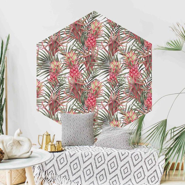Tapety Czerwony ananas z liśćmi palmowymi Tropikalny
