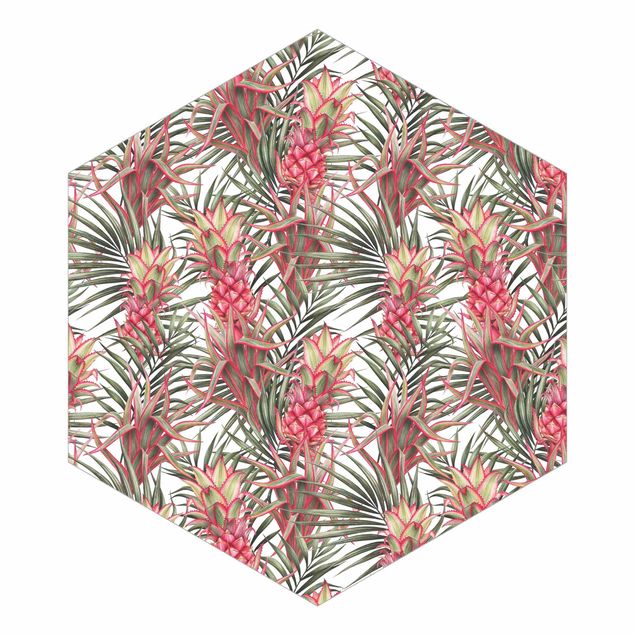 Sześciokątna tapeta samoprzylepna - Czerwony ananas z liśćmi palmowymi Tropikalny