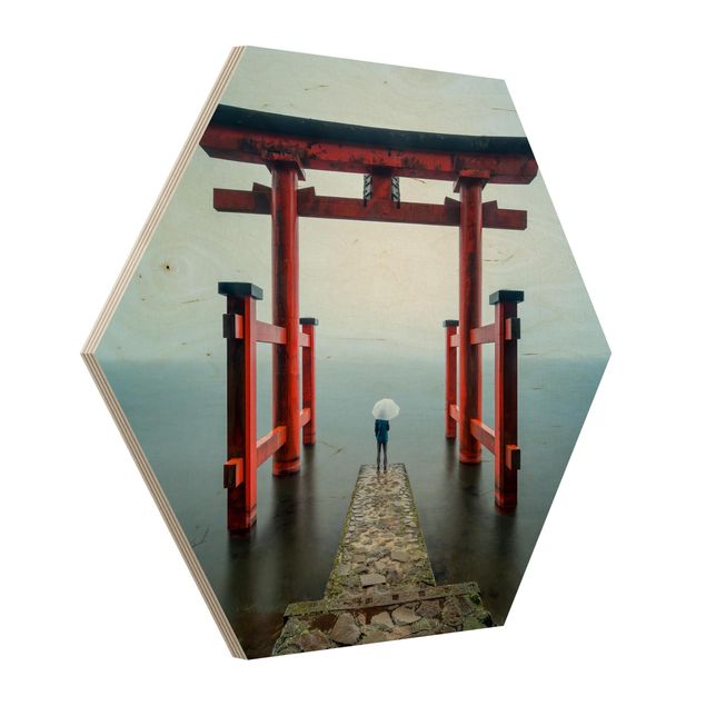 Nowoczesne obrazy Czerwone torii nad jeziorem Ashi