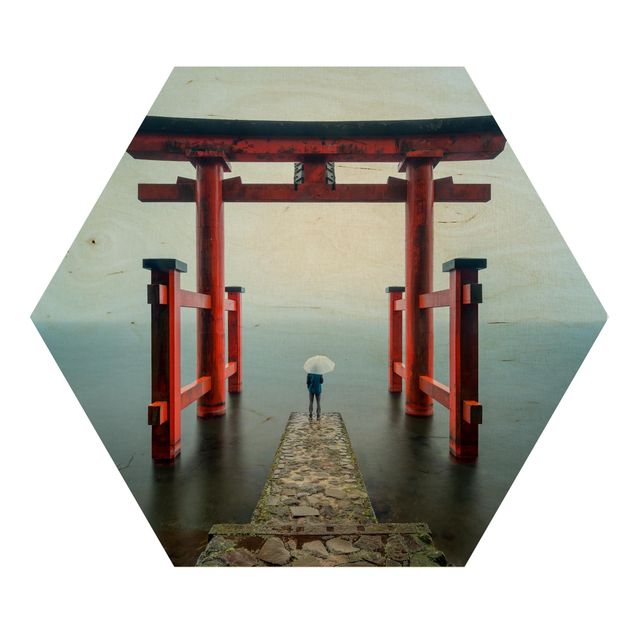 Obrazy krajobraz Czerwone torii nad jeziorem Ashi