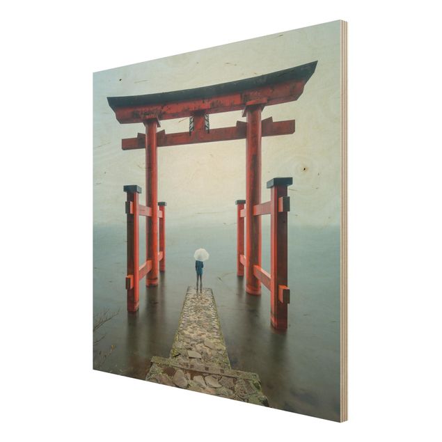 Obrazy z drewna Czerwone torii nad jeziorem Ashi